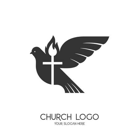 Church logo. Christian symbols. The Cross of Jesus Christ and the Symbol of the Holy Spirit are a dove and a flame.のイラスト素材