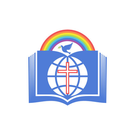 Biblical illustration. An open bible, a rainbow of the covenant, and a dove - a symbol of the Spirit.のイラスト素材