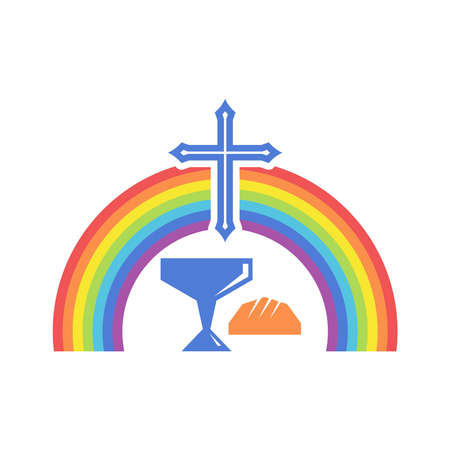 Biblical illustration. Jesus cross, symbols of the sacrament and rainbow of the covenant.のイラスト素材