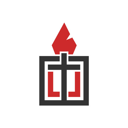 Christian illustration. Church logo. The cross of the Lord Jesus Christ, an open Bible and a flame of fire are a symbol of the Holy Spirit.のイラスト素材