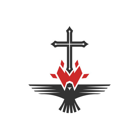 Christian illustration. Church logo. Cross of the Lord and Savior Jesus Christ. The dove and the flame of fire are symbols of the Holy Spirit of God.のイラスト素材
