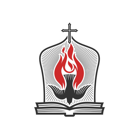 Christian illustration. Church logo. The cross of the Lord Jesus Christ, a dove in flame - as a symbol of the Holy Spirit of God, and an open Bible.のイラスト素材
