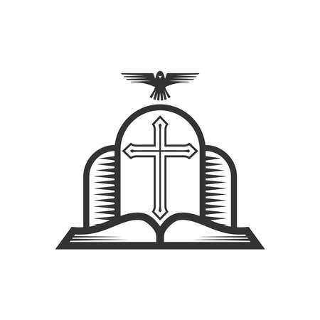 The cross of the Lord Jesus Christ, an open Bible and a dove are a symbol of the Holy Spirit.のイラスト素材
