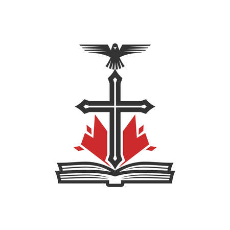 Christian illustration. Church logo. The cross of the Lord Jesus Christ, a dove in flame - as a symbol of the Holy Spirit of God, and an open Bible.のイラスト素材