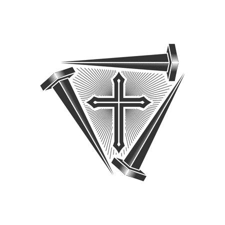 Christian illustration.  The cross of Jesus and the nails of the crucifixion.のイラスト素材