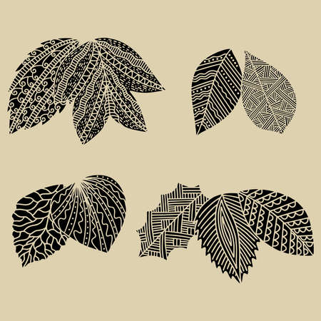 Set of hand drawn plant leaves. vector doodle style.のイラスト素材