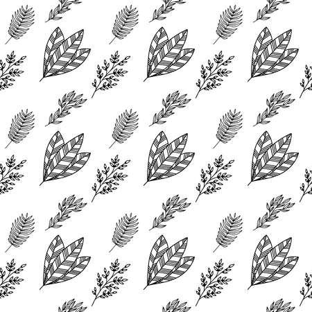 Seamless pattern of hand-drawn plant branches and leaves. Vector floral doodle style for background, textile, design.のイラスト素材