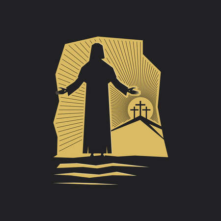 Easter vector illustration. Jesus Christ is resurrected and comes out of the tomb. Three crosses on Golgotha.のイラスト素材