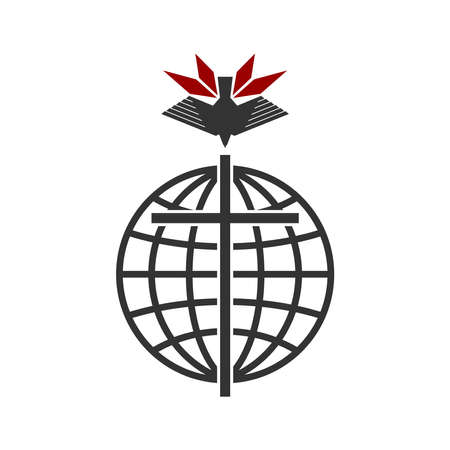 Christian illustration. church  . The cross of Jesus Christ on the background of a globe, from above a dove in a flame of fire.のイラスト素材