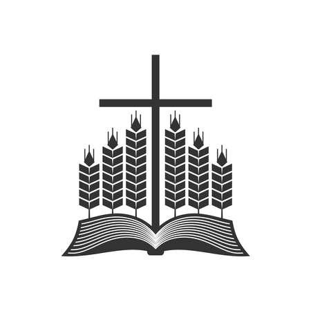 Christian illustration. church logo. Open bible, ripe ears of corn and the cross of Jesus.のイラスト素材