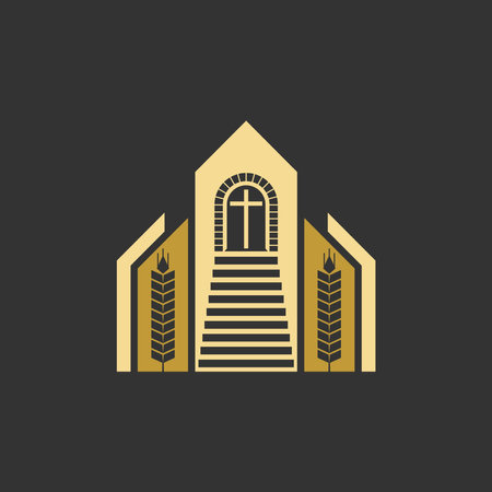 Christian illustration. The building of the church and ripe ears of wheat, steps of salvation leading to the cross.のイラスト素材