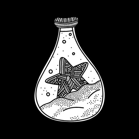 Doodle style illustration. A starfish inside the bottle, hand-drawn.のイラスト素材