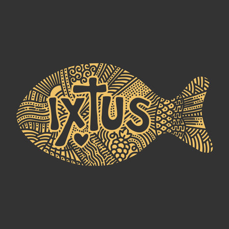 Christian illustration in a doodle style. Stylized word IXTUS - Jesus Christ, God's Son, Savior. The fish is an ancient Christian symbol.のイラスト素材
