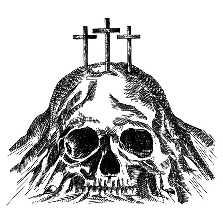 Hand-drawn vector illustration for Easter. Mount Calvary near Jerusalem, in the shape of a skull, three crosses on top.のイラスト素材