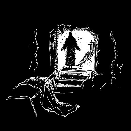 Hand-drawn vector illustration for Easter. The resurrected Jesus Christ came out of the empty tomb.のイラスト素材