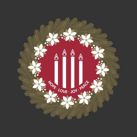 Christmas vector illustration. Four Advent candles lit in anticipation of the birth of Jesus Christ, framed by a spruce wreath.のイラスト素材