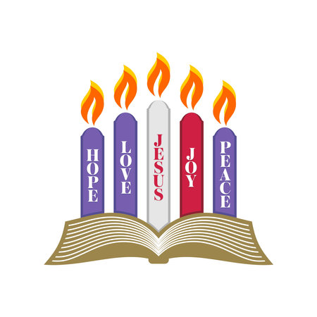 Christmas vector illustration. Holiday Advent candles lit in anticipation of the birth of the Lord and Savior Jesus Christ.のイラスト素材