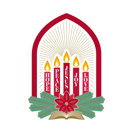 Christmas vector illustration. Holiday Advent candles lit in anticipation of the birth of the Lord and Savior Jesus Christ.のイラスト素材