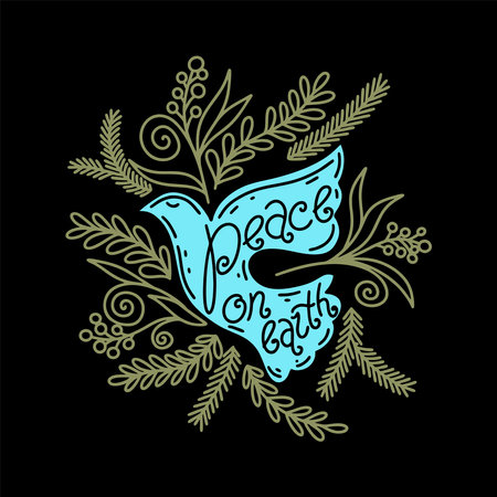 Christmas vector illustration. A hand-drawn dove, and the inscription "peace on earth".のイラスト素材