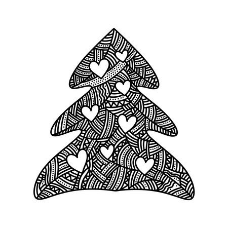vector illustration. Hand-drawn Christmas tree with hearts.のイラスト素材