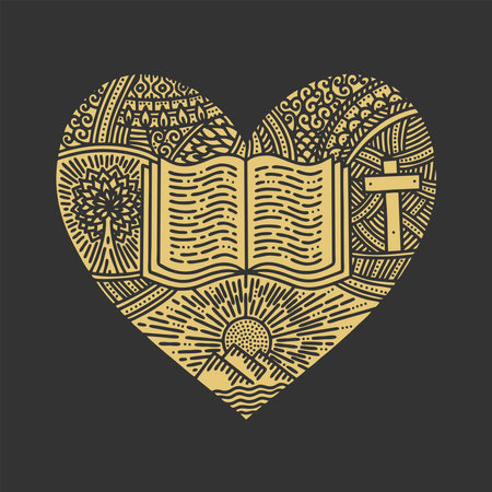Vector doodle illustration. A hand-drawn heart, the Bible, the journey from creation to redemption.のイラスト素材