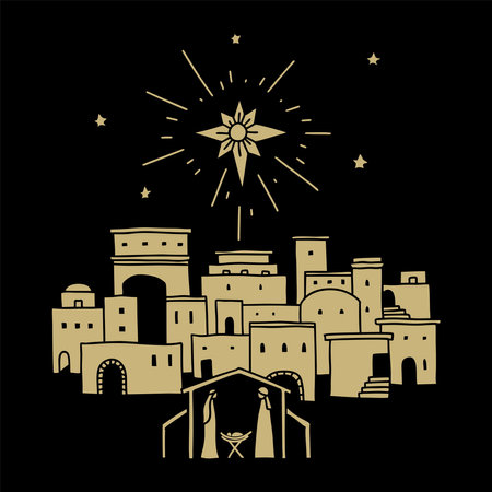 Vector doodle illustration. Star over Bethlehem. Mary, Joseph and baby Jesus in the stable.のイラスト素材