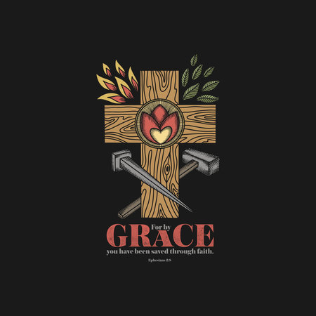 A hand-drawn Bible doodle illustration. Grace is a symbol of God's love and salvation. Christian cross, nail and hammer.のイラスト素材