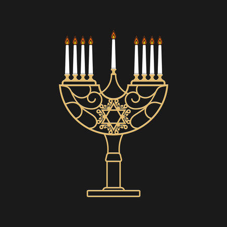 Vector illustration of a traditional Jewish Hanukkah menorah. Holiday candlestick with nine burning candles.のイラスト素材