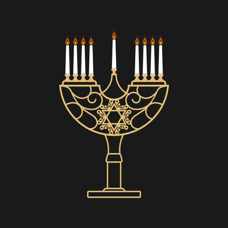 Vector illustration of a traditional Jewish Hanukkah menorah. Holiday candlestick with nine burning candles.の素材 [FY310207966619]