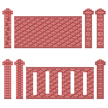 Illustration of a few patterns of brick walls and its columns pillars  The bricks are shades of maroon, red and brown  The image is isolated on white のイラスト素材