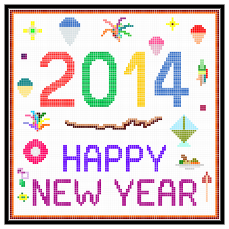 Raster illustration of a concept for New Year 2014 drawn as a message on a vintage retro LCD screen  Objects like balloons and fireworks are also shown  The image is isolated on white の写真素材