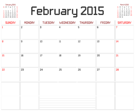 A monthly planner calendar for February 2015 on white. A square pixel style is used.のイラスト素材