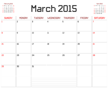 A monthly planner calendar for March 2015 on white. A square pixel style is used.のイラスト素材