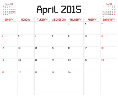 A monthly planner calendar for April 2015 on white. A square pixel style is used.のイラスト素材