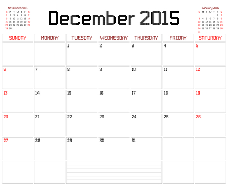 A monthly planner calendar for December 2015 on white. A square pixel style is used.のイラスト素材