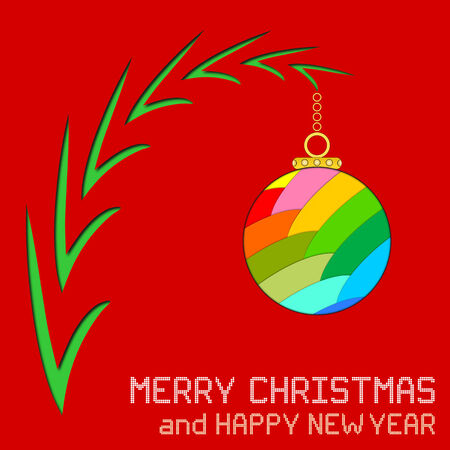 An illustration of a multicolored Christmas ornament hung on a tree branch with cut paper effect. Round pixel Christmas and New Year messages.の写真素材