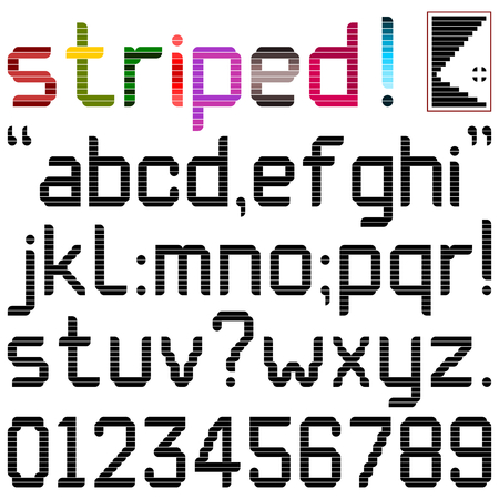 Stripe Font - Lower case alphabets, numerals and punctuation characters in computer font with stripes. Top right box contains spare stripes and corner pixels to change or create new characters.のイラスト素材