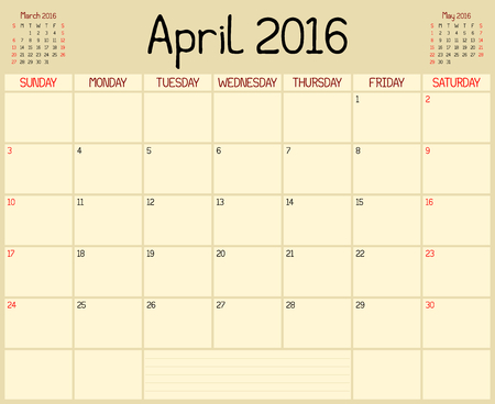 Year 2016 April Planner - A monthly planner calendar for April 2016. A custom handwritten style is used.のイラスト素材