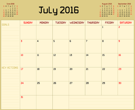 Year 2016 July planner - A monthly planner calendar for July 2016 on yellow background. A custom straight lines thick font is used.のイラスト素材