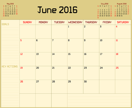 Year 2016 June planner - A monthly planner calendar for June 2016 on yellow background. A custom straight lines thick font is used.のイラスト素材