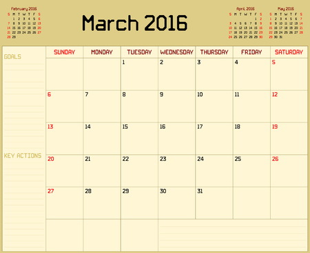 Year 2016 March planner - A monthly planner calendar for March 2016 on yellow background. A custom straight lines thick font is used.のイラスト素材