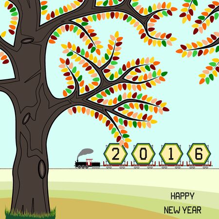 New year 2016 billboard on train in fall - New year 2016 billboard in a retro freight train on countryside with happy new year message. Fall season is portrayed. Can signify end of year 2016 also.の写真素材