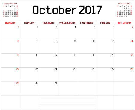 Year 2017 October Planner - A monthly planner calendar for October 2017 on white. A custom straight lines thick font is used.のイラスト素材