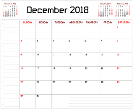 Year 2018 December Planner - A monthly planner calendar for December 2018 on white background. A custom straight lines thick font is used.のイラスト素材