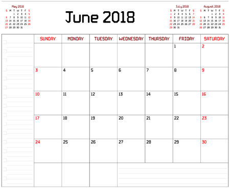 Year 2018 June Planner - A monthly planner calendar for June 2018 on white background. A custom straight lines thick font is used.のイラスト素材