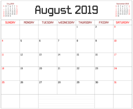 Year 2019 August Planner - A monthly planner calendar for August 2019 on white. A square pixel style is used.のイラスト素材