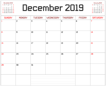 Year 2019 December Planner - A monthly planner calendar for December 2019 on white. A square pixel style is used.のイラスト素材