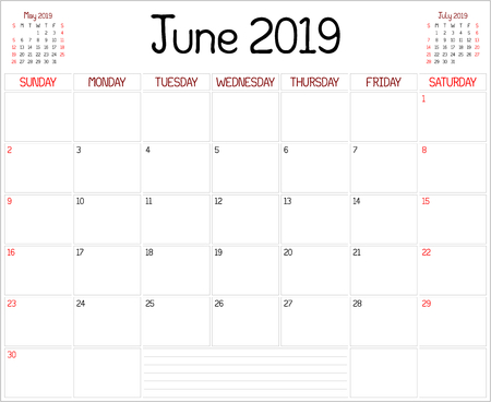 Year 2019 June Planner - A monthly planner calendar for June 2019 on white. A custom handwritten style is used.のイラスト素材
