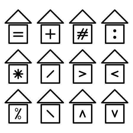 Icons of houses. Vector set of houses with symbols. Icons of houses with symbols and isolated on a white backgroundのイラスト素材