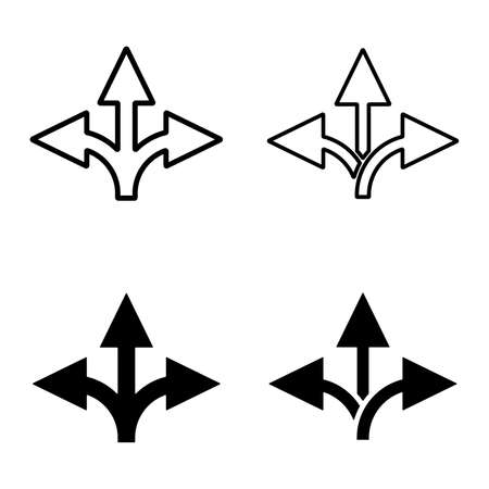 Three arrows direction icon. Vector set of three arrows directions icons. Icons isolated. Vector set of branching arrow icons.のイラスト素材